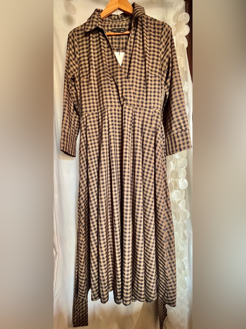 Zara Checkered Poplin Midi Shirt Dress Plaid Long Sleeves Caramel Navy Medium - Picture 8 of 16